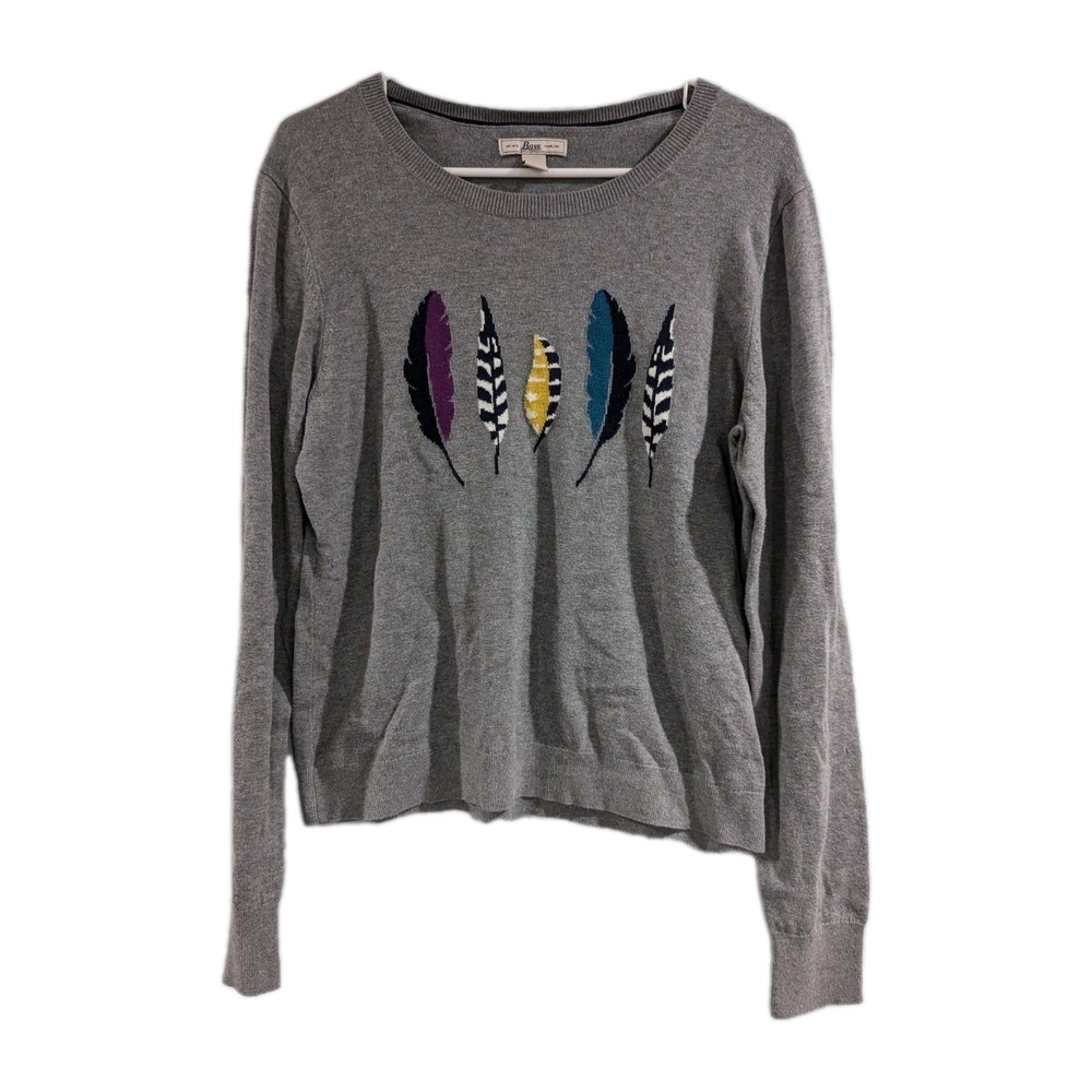 Bass Crewneck sweater Gray Knit feathers graphic Womens Large Grannycore Teacher
